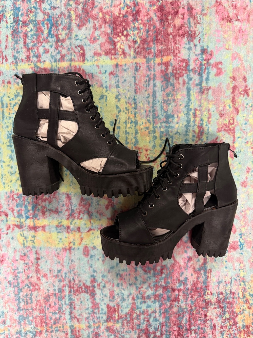 Black Chunky Lace-Up Peep-Toe Heeled Boots